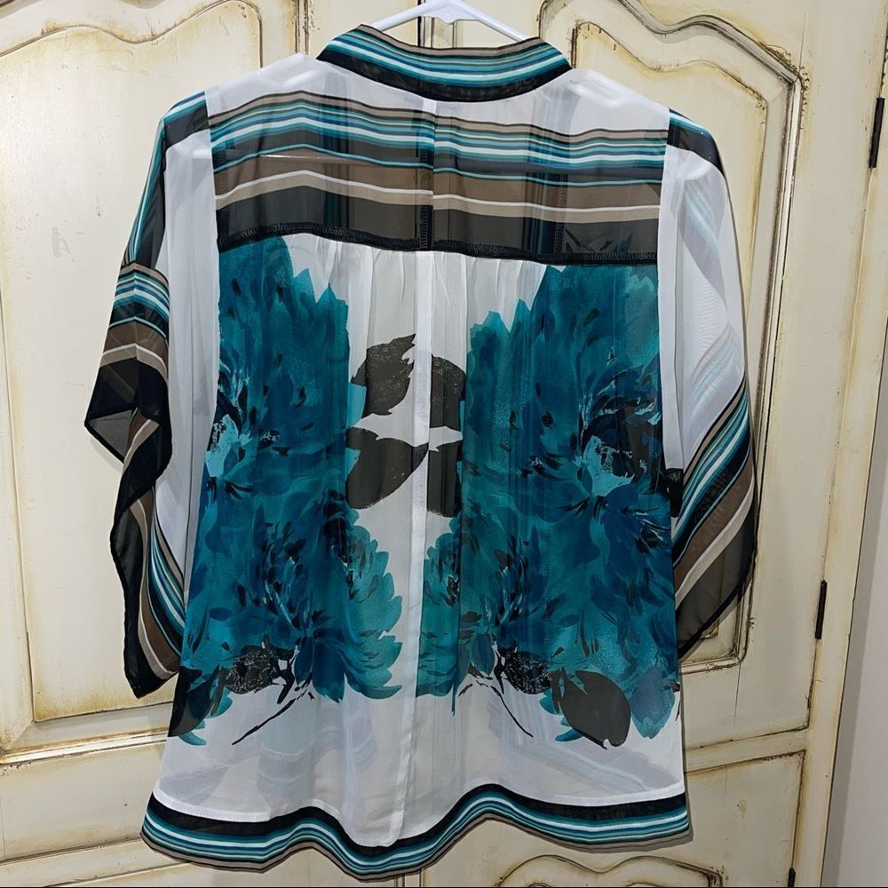 New Directions Sheer Teal, Black, Tan & Cream Floral Open Shawl - Size Small - Picture 2 of 5